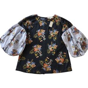 NWT Loft Womens Floral Balloon Sleeve Cotton Blouse Navy Blue Boho Peasant XS